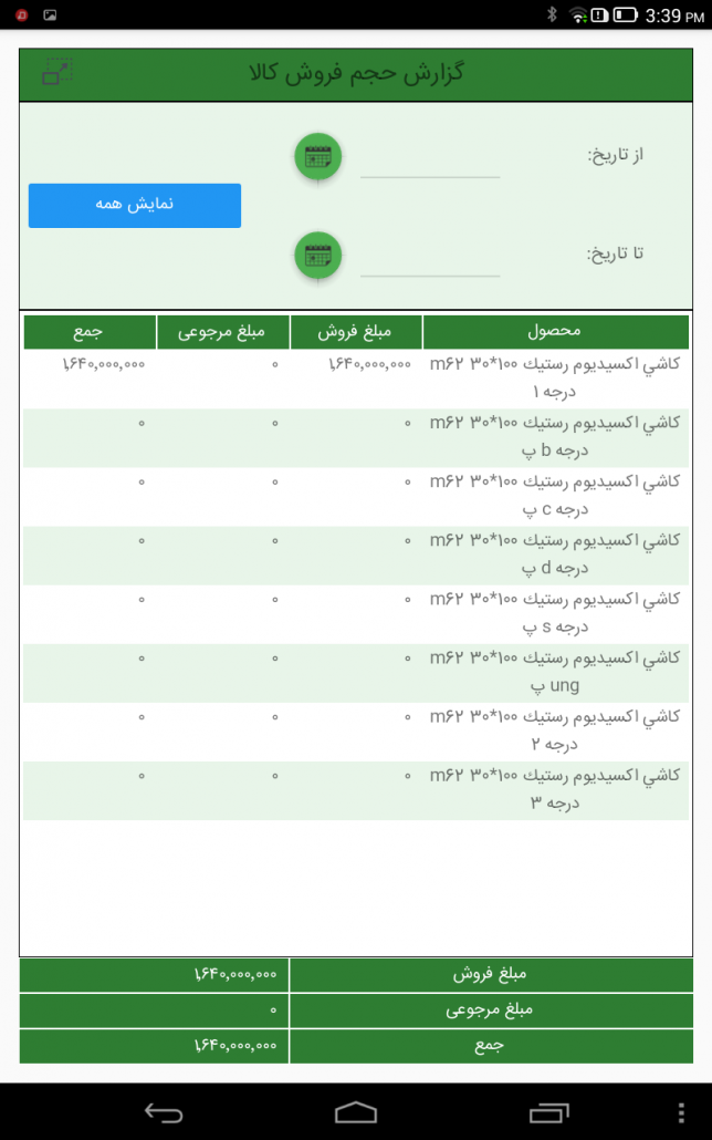 گزارش حجم فروش کالا