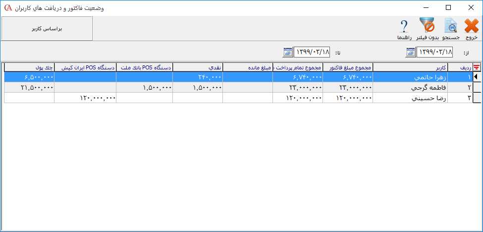 وضعیت فاکتور و دریافتی های کاربران در حسابگر